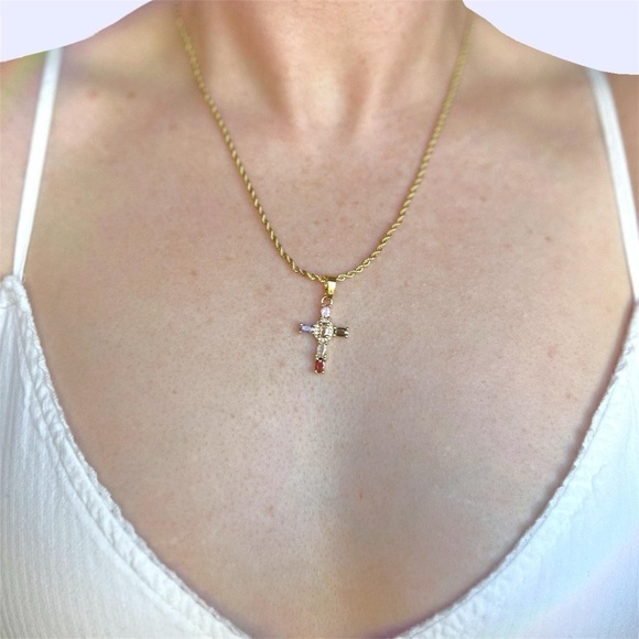 Handmade Jewelry - Gold Sparkly Multi-Colored Cubic Zirconium Cross Rope Necklace✝️